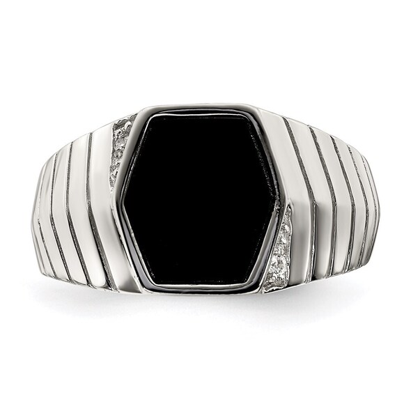 925 Sterling Silver Genuine Fine Jewelry Rhodium-plated Men'sCZ & Onyx Ring